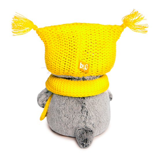 Pliušinis žaislas Katinėlis geltonoje kepurėje ir šalike 20cm, BB-030, Budibasa 2