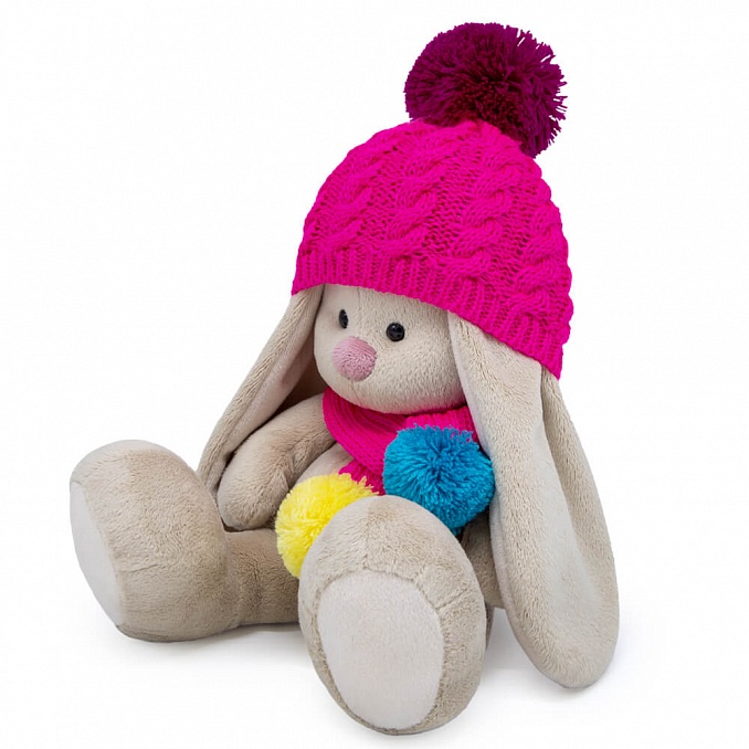 Pliušinis žaislas Zuikutė Mi su rožine kepure ir šaliku 23cm, SidM-443, Budibasa 2